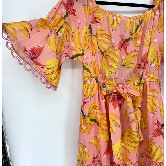 Farm Rio Midi Dress Banana Taste Off The Shoulder Pink Yellow nwt Size Small S - Picture 4 of 9